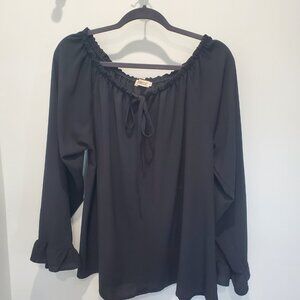 Clarisbelle Black Elastic Tie Neckline Crepe Ruffled Wide Long Sleeve Blouse XL